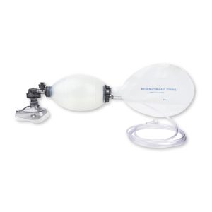 Reusable bag valve mask kit including mask and connecting tubing for respiratory support.