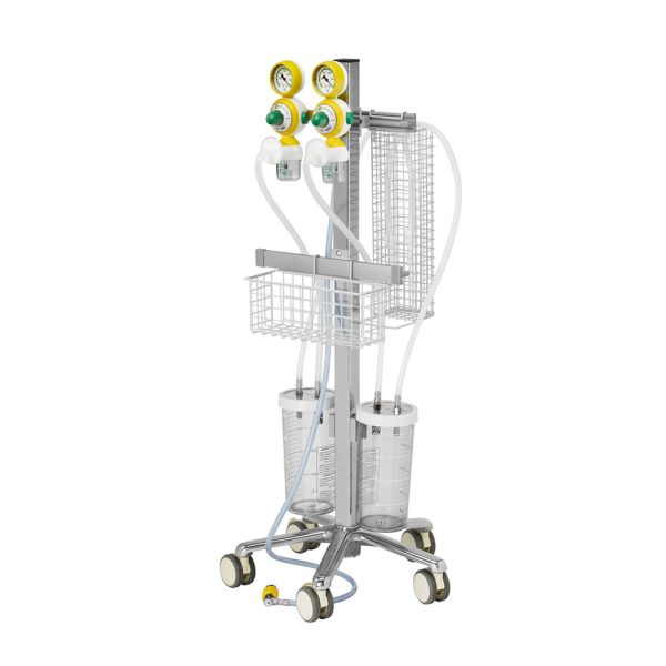 Suction trolley equipped with medical suction devices and storage compartments.